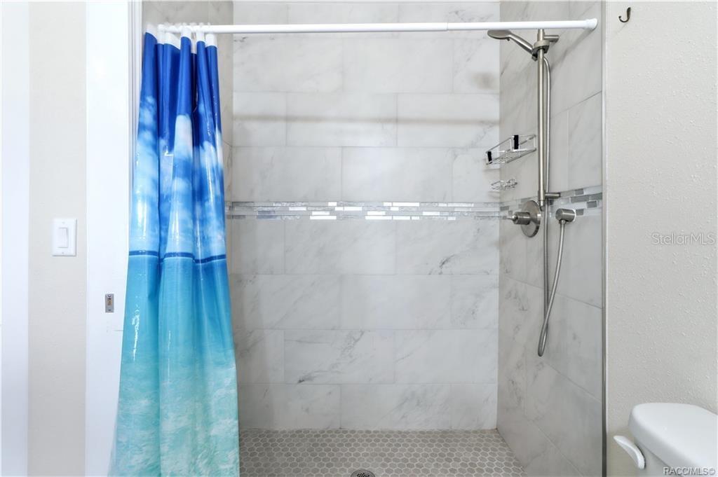 Primary Bathroom Shower  Beautifully tiled WALK-IN SHOWER featuring marble-look wall tile, decorative mosaic accent & handheld showerhead.