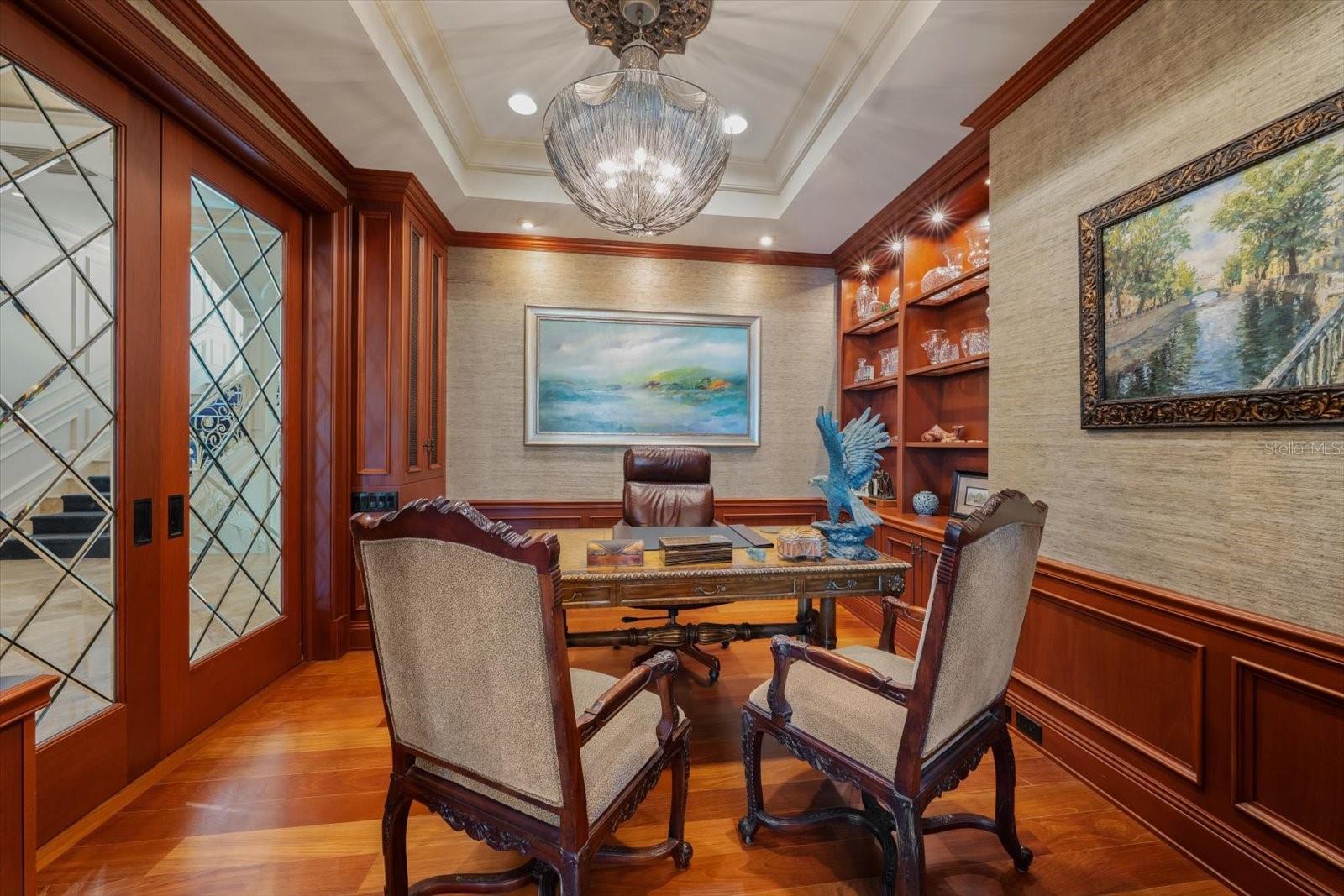 Beautifully Appointed and Centrally Located Executive Office with Built-in Shelving and Tray Ceilings