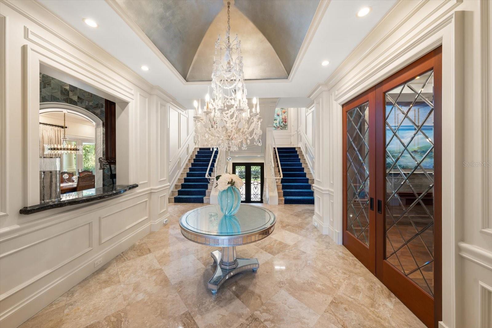 Striking Architectural Presence! Notice the freshly refinished, diagonal-set Travertine flooring