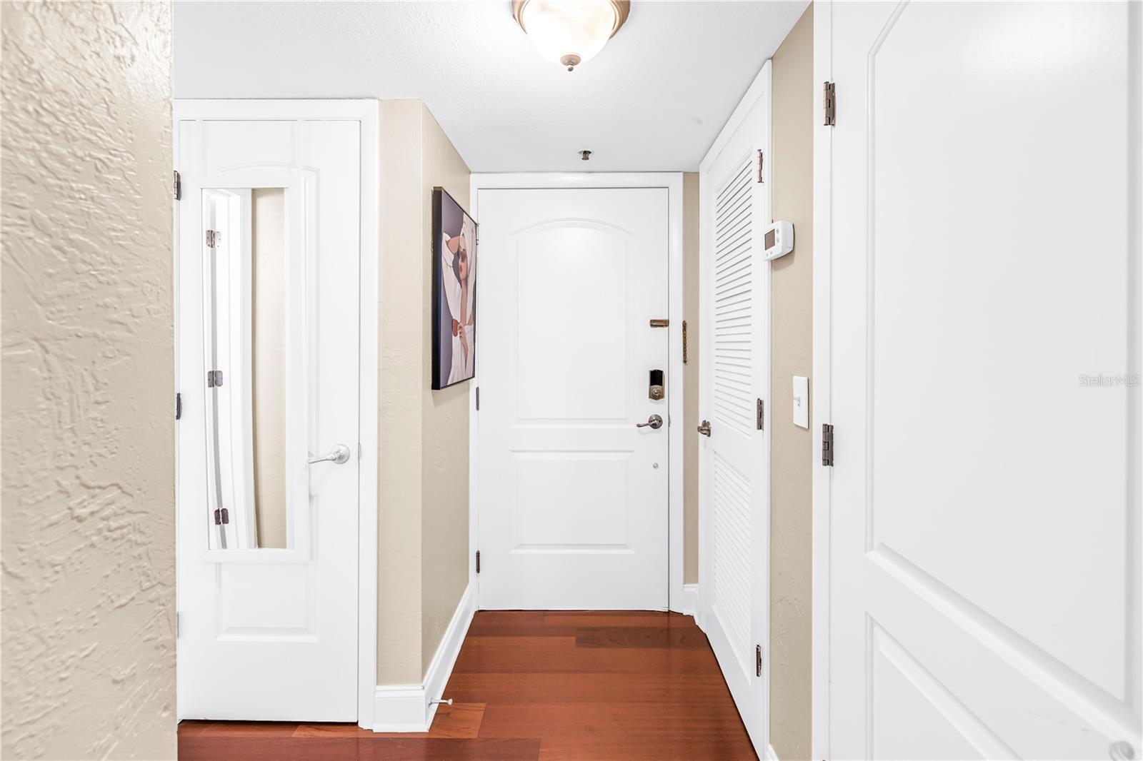 Front door.  Louvered door is the Air Handler and water heater. Door closest to the right is storage and the Mirrored door is a linen closet.