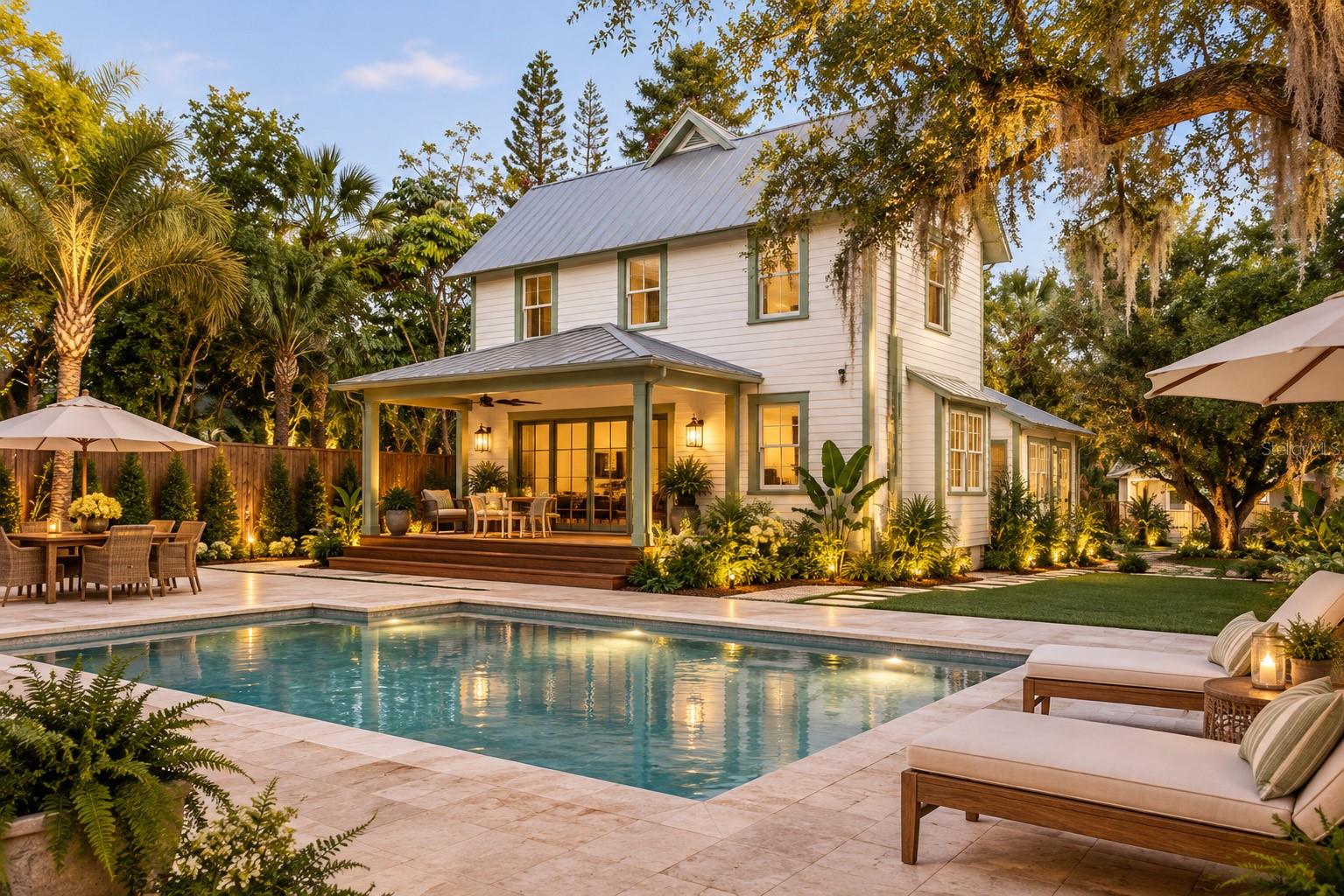 Virtually Reimagined Rear Elevation w/ resort style pool and landscaping.