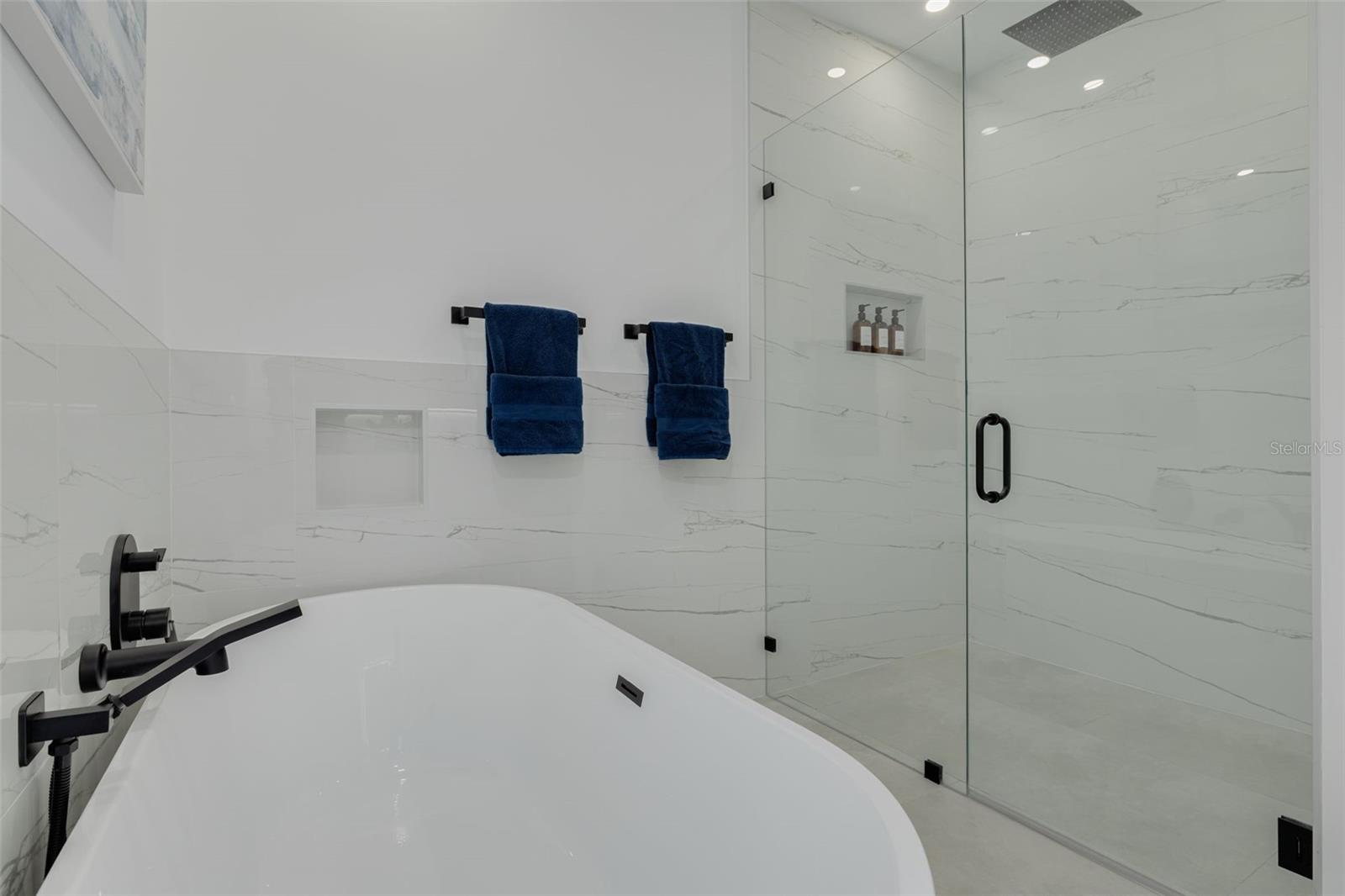 Separate soaker tub and shower.