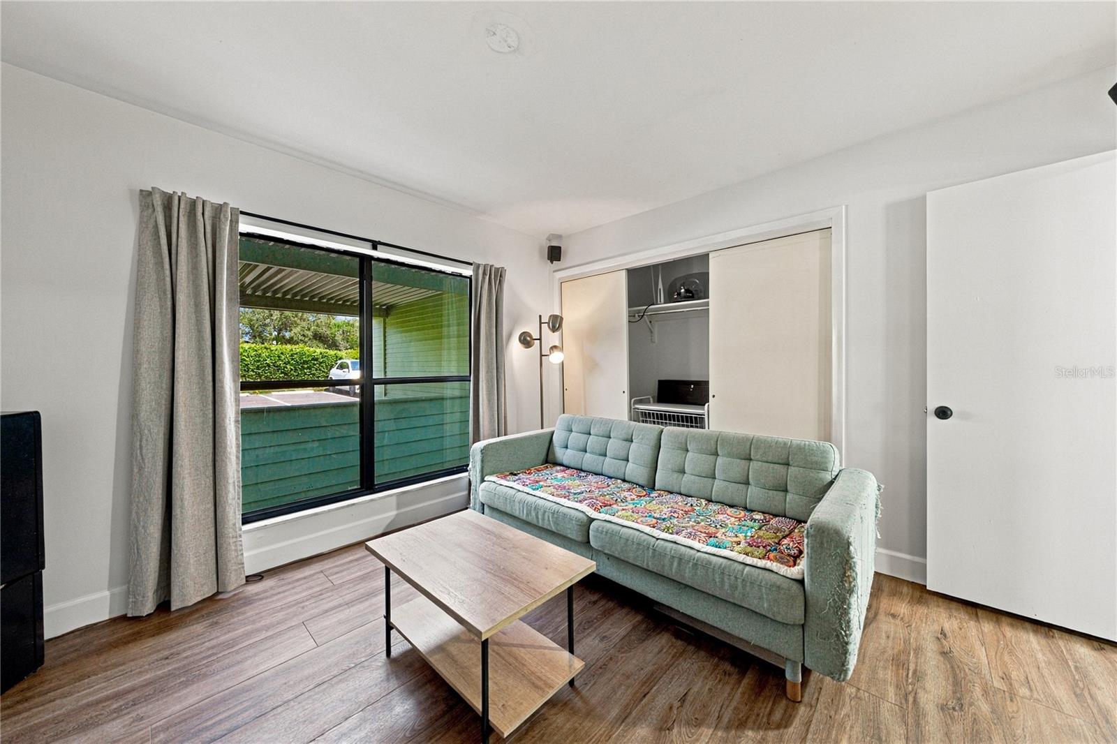 Second Bedroom used as a Movie Room with Plank Flooring and Large Closet