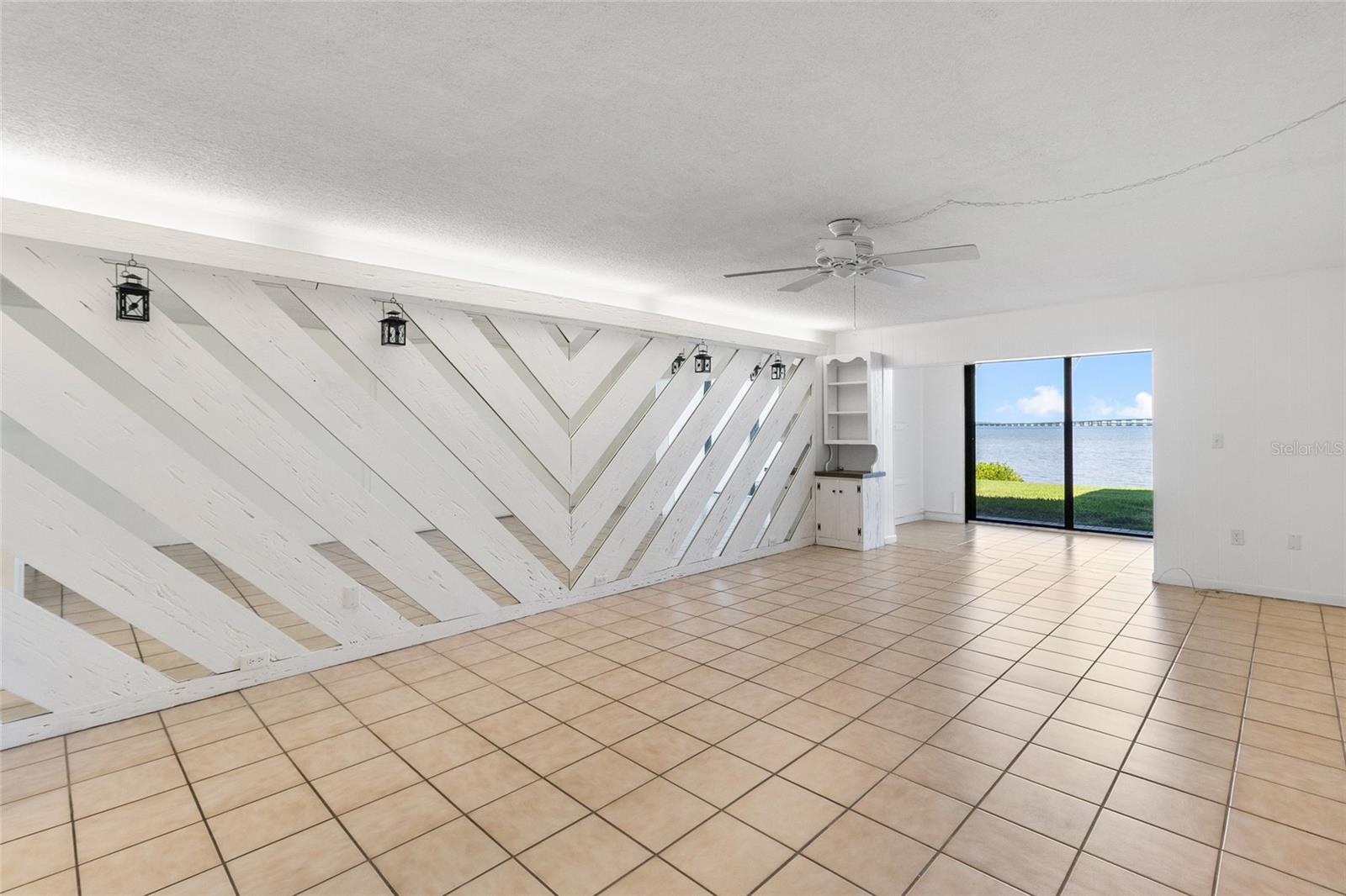 Lining area over looking water view.