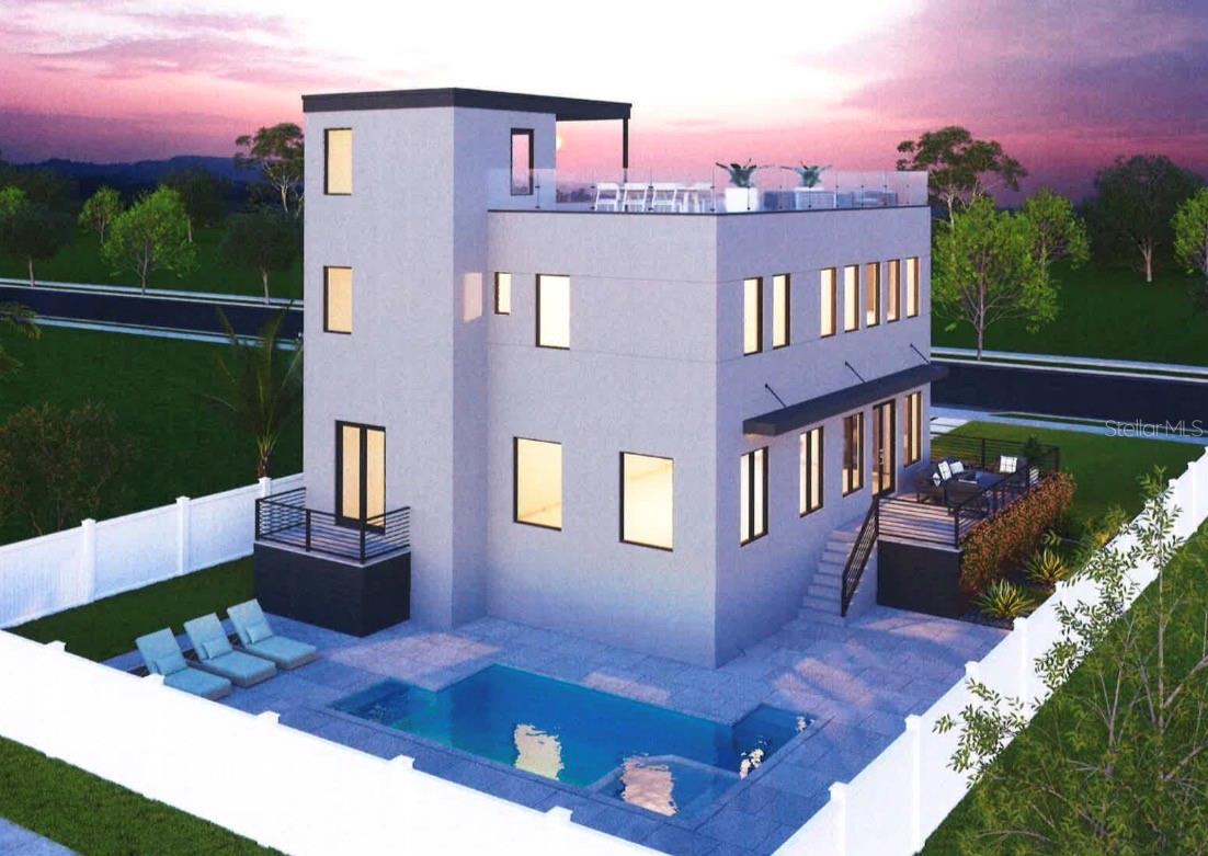 Contemporary side and rear view with roof top deck.