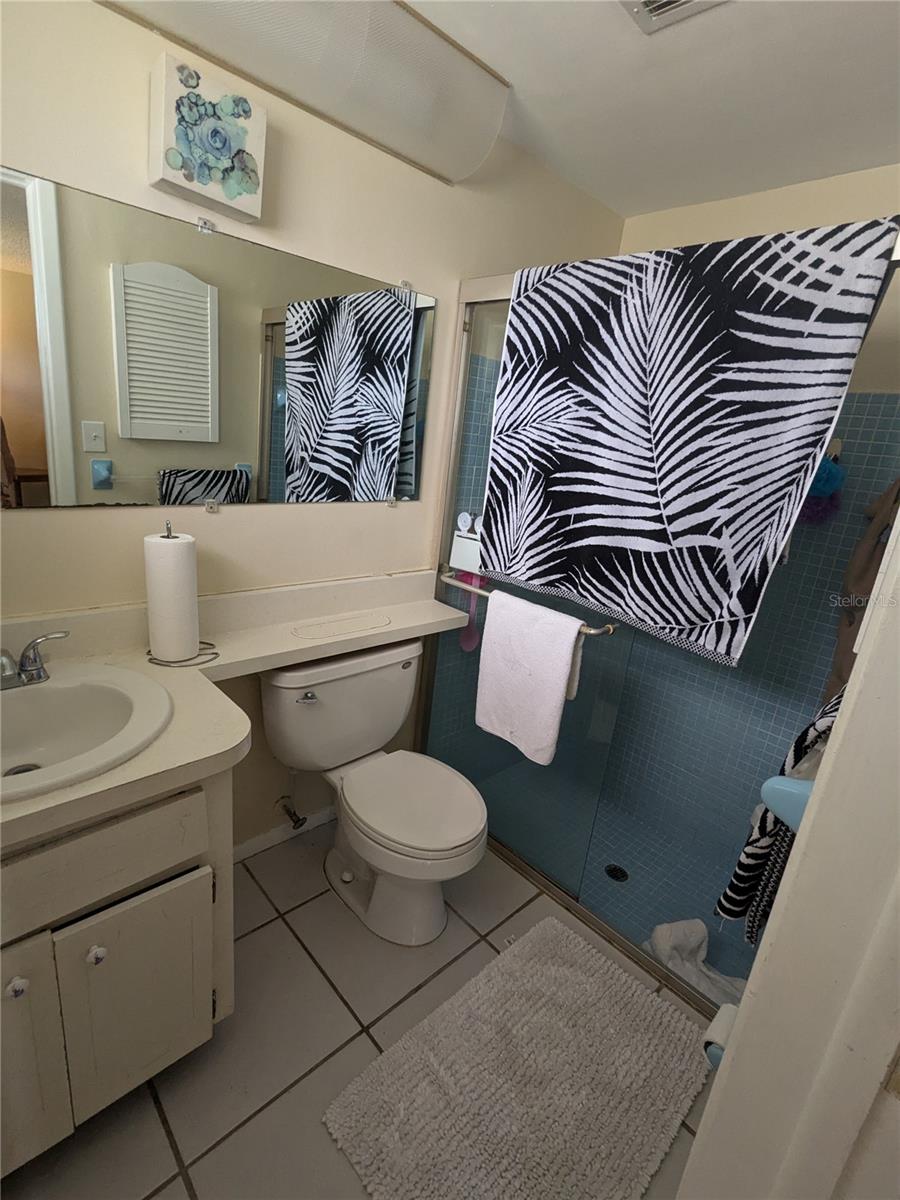 EN-SUITE BATH IN PRIMARY BEDROOM HAS GLASS SHOWER DOORS