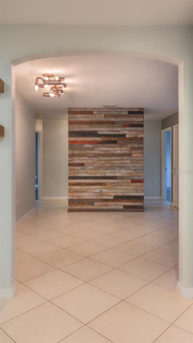 Wood accent wall in living room