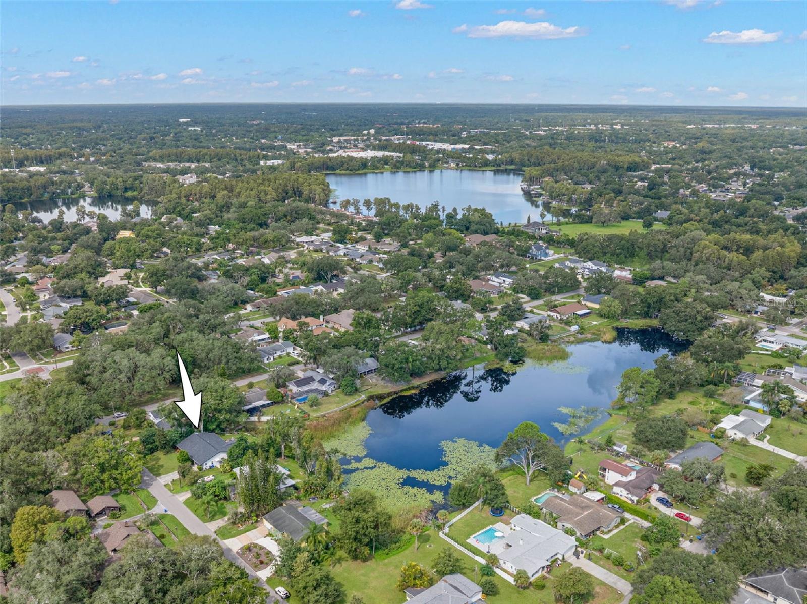 An aerial view highlights the home's setting along a picturesque pond, surrounded by mature trees and established residences in the heart of Carrollwood. Enjoy the tranquility of waterfront living while remaining close to the shopping, dining, recreation, and conveniences of Tampa.