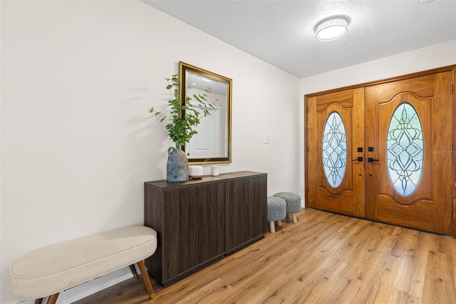 A welcoming foyer highlights the distinctive double wood entry doors with decorative oval glass inserts, warm wood-look luxury vinyl flooring, and contemporary overhead lighting. The extended entryway offers plenty of room for a console table or additional seating.