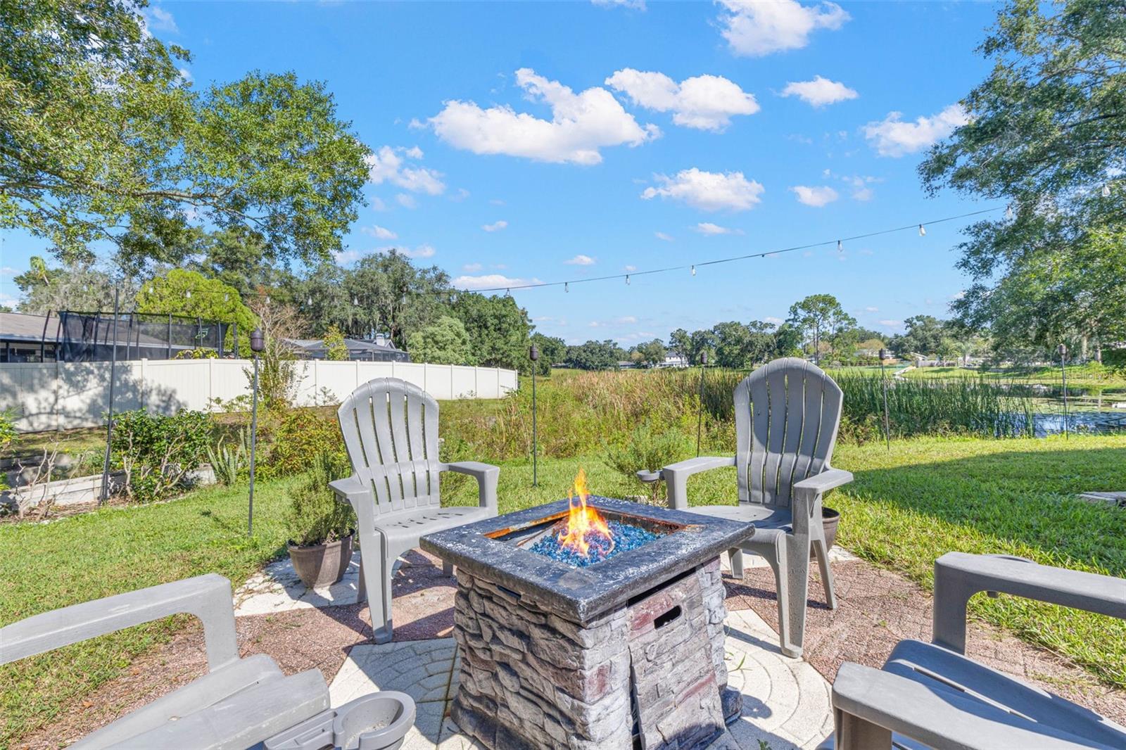 Imagine relaxing evenings under the stars in this inviting backyard retreat! A stone-look fire pit anchors the outdoor gathering area, while overhead string lighting and a peaceful pond backdrop create a charming setting for entertaining.