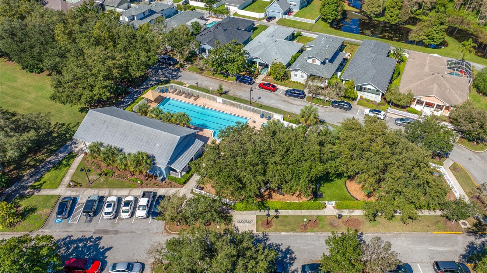 Community center, playground pool, and park