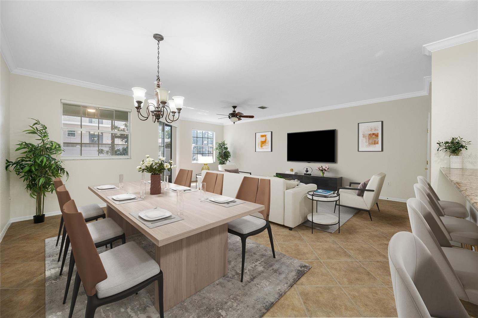 Virtually Staged Dining Room with Breakfast Bar and Great Room Layout!