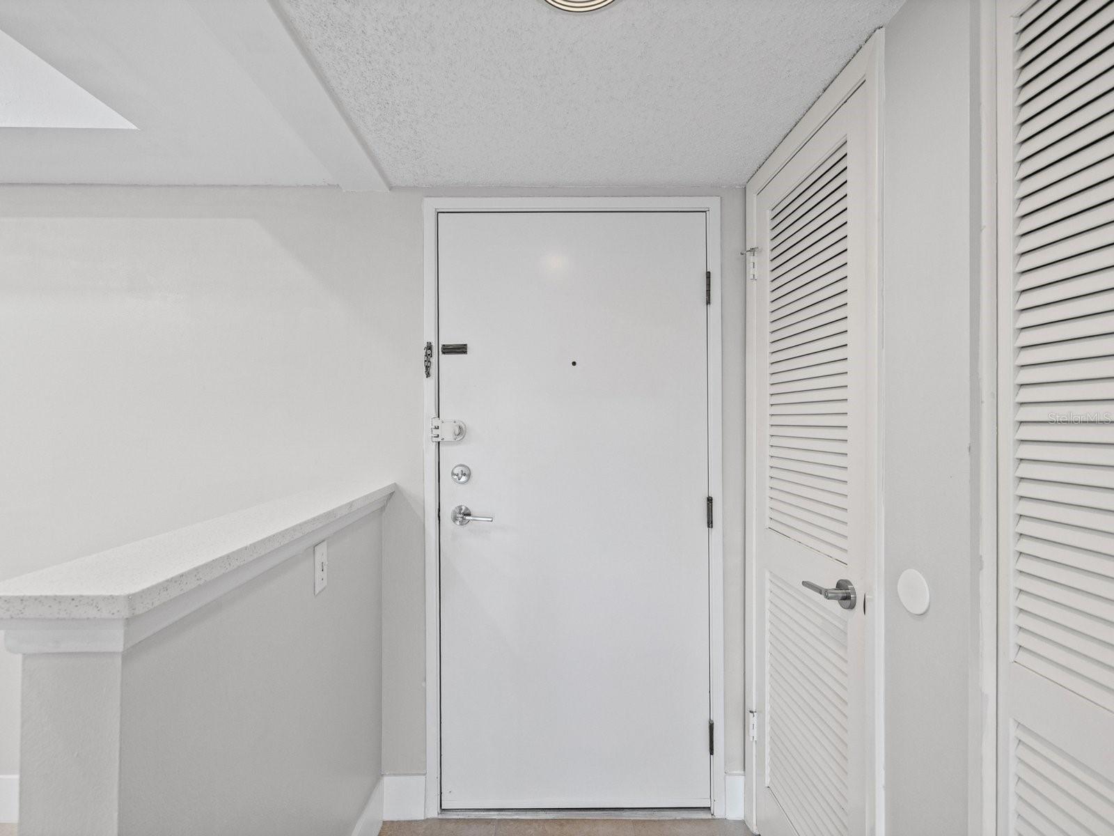 Entry with kitchen on left and pantry closet on right