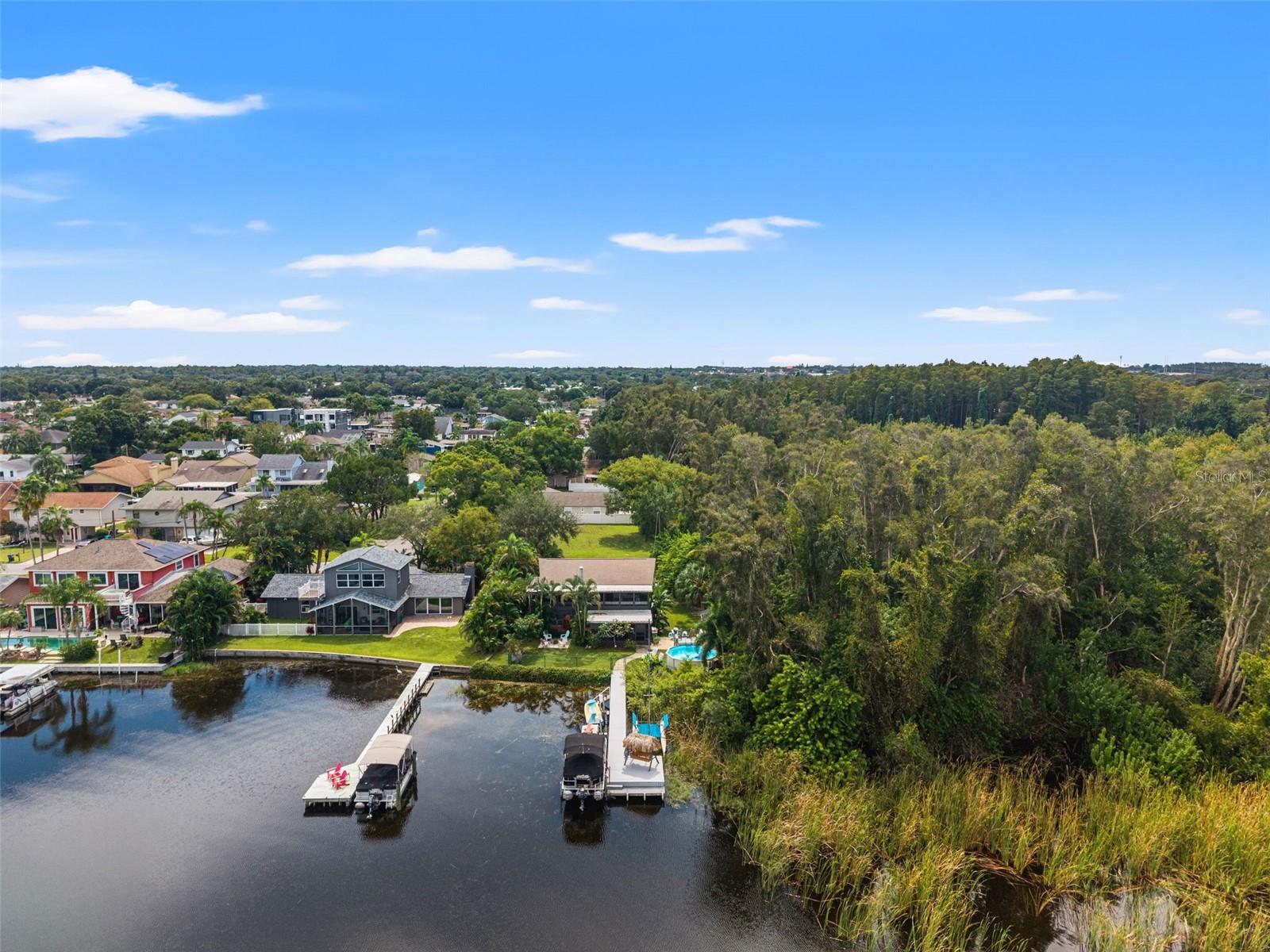 Aerial photography highlights the property's setting alongside a heavily wooded natural area, with neighboring waterfront homes and private docks lining the shoreline. The combination of mature trees, tropical landscaping, and water access creates an appealing Florida lifestyle.