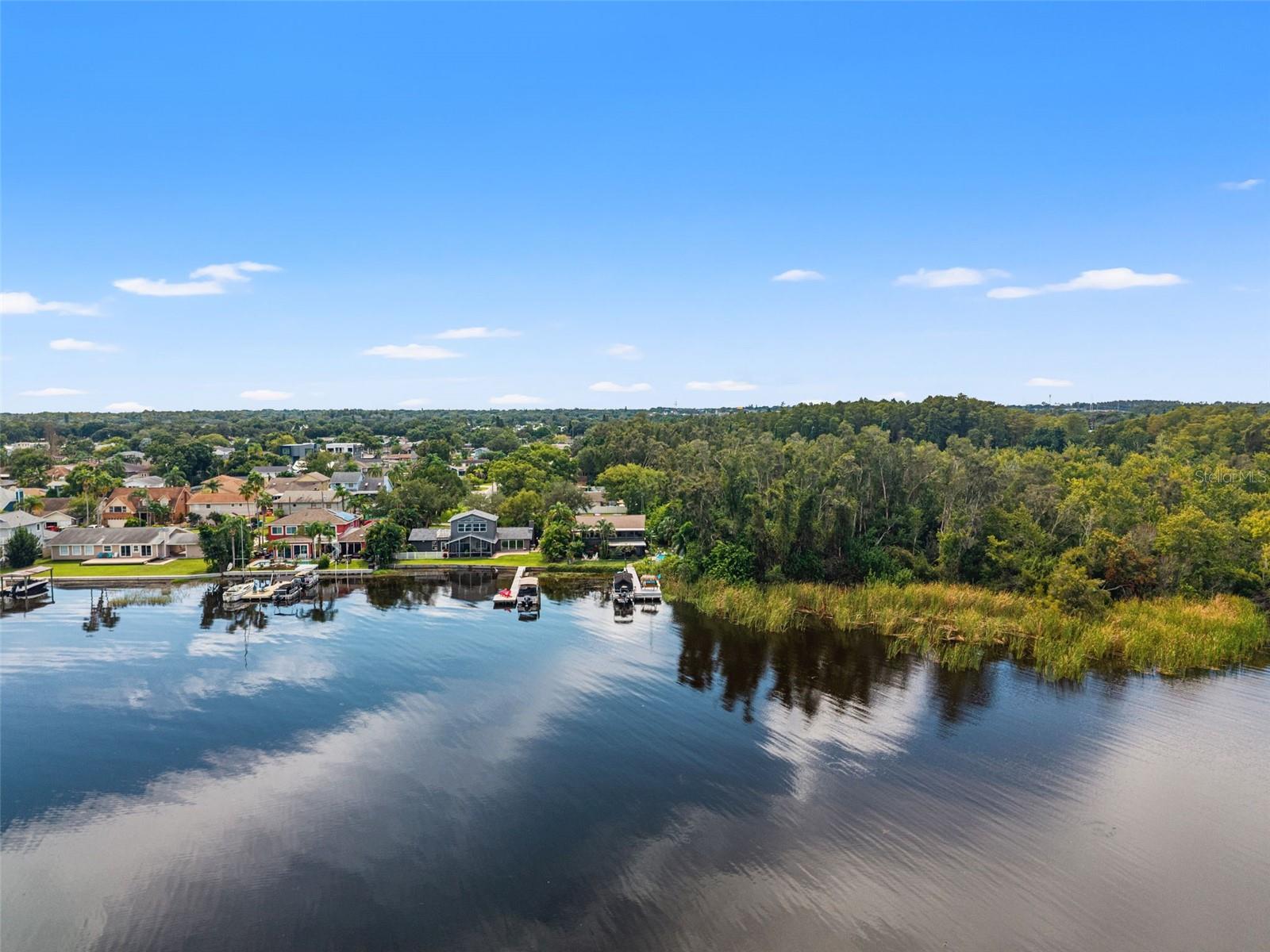 This aerial view captures the home's elevated design, tropical backyard, private dock, and neighboring waterfront properties. The dock's boat lift and shaded seating area offer convenient access to recreation and relaxation, with a wooded natural area adjoining the property.