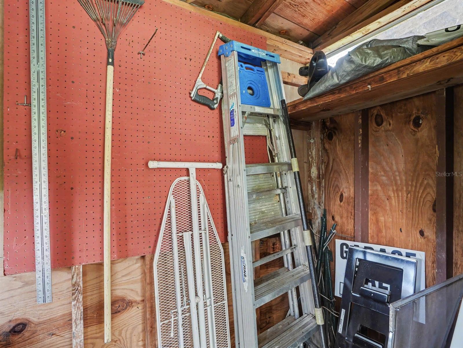 Workshop Storage with Pegboard, Ladder & Shelving Organization