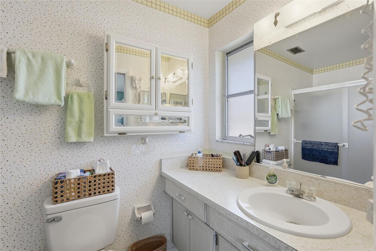 Additional view of the primary bathroom with vanity and mirror.