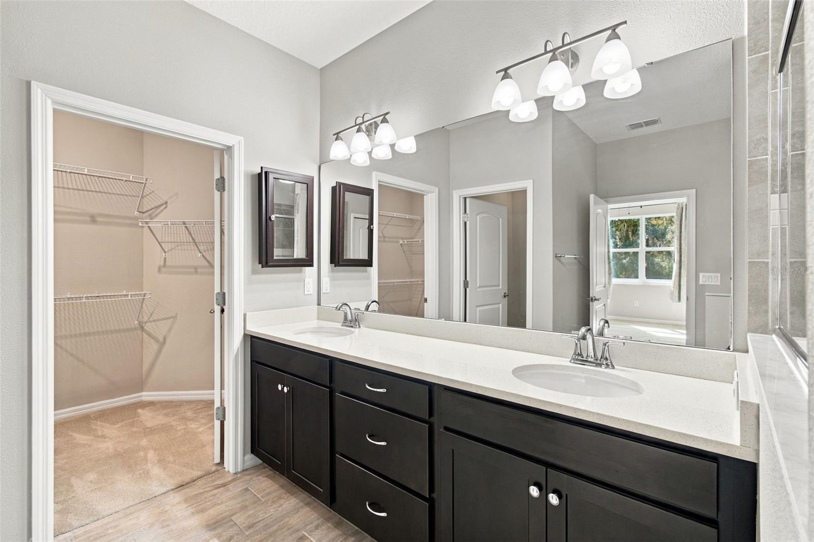 Double sink vanity with ample storage, medicine cabinet, and walk-in closet to the left