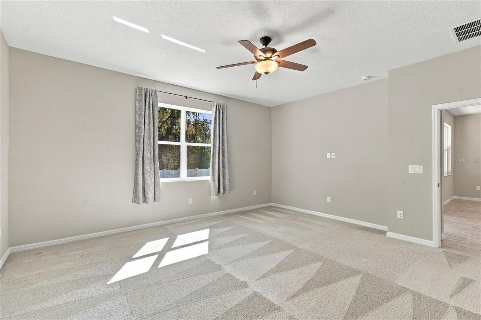 Primary bedroom with ceiling fan and conservation views