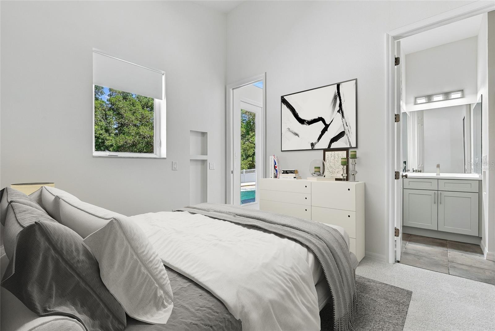 Rear bedroom has an en-suite dully accessed bathroom suite with shower. Virtually staged.