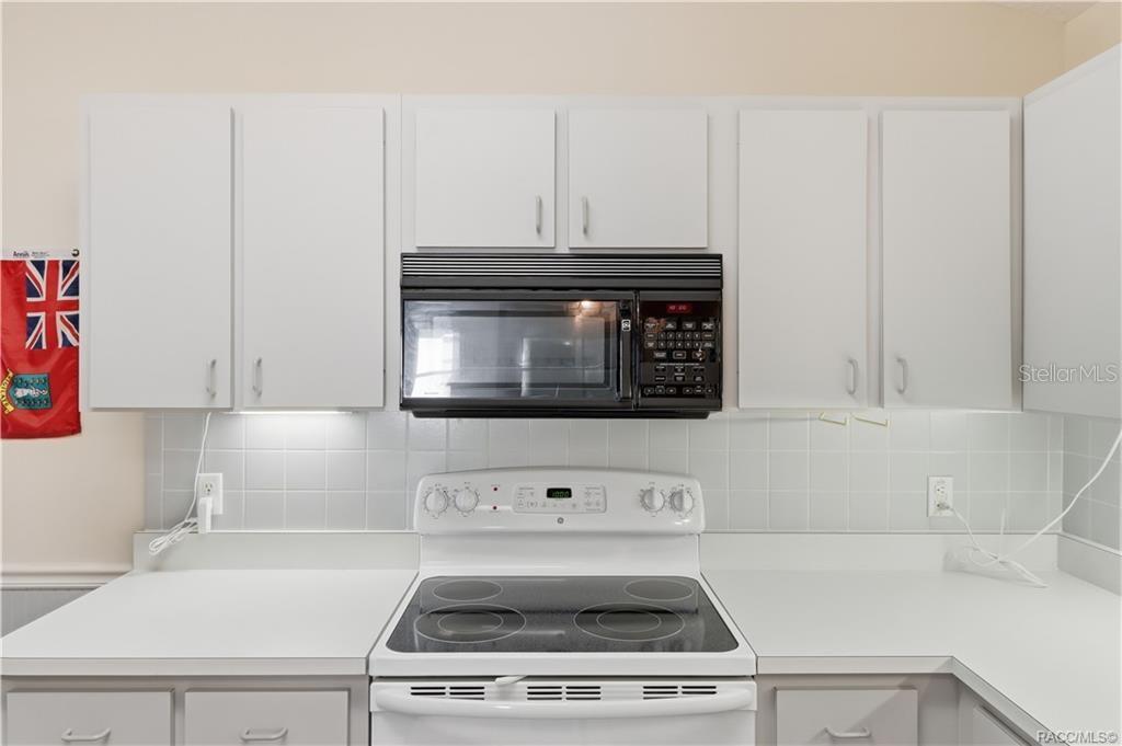 COOK UP SOMETHING GOOD! WHITE ELECTRIC RANGE, BUILT-IN MICROWAVE, TILE BACKSPLASH & surrounding cabinetry make meal preparation convenient!