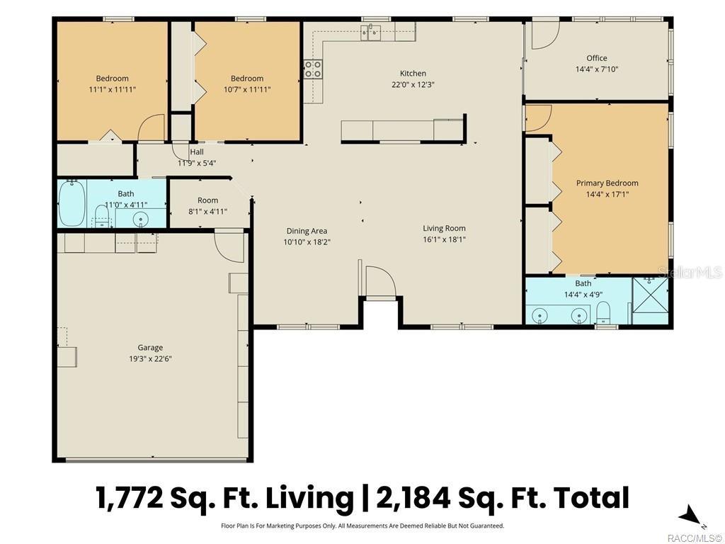 FLOOR PLAN  Thoughtfully designed 3BD/2BA + BONUS ROOM offering 1,772 SQFT OF LIVING SPACE and 2,184 SQFT TOTAL! The spacious layout features an OPEN LIVING & DINING AREA, generously sized kitchen, SPLIT-BEDROOM DESIGN for added privacy, comfortable PRIMARY SUITE w/private bath, two guest bedrooms, guest bathroom & ATTACHED 2-CAR GARAGE!