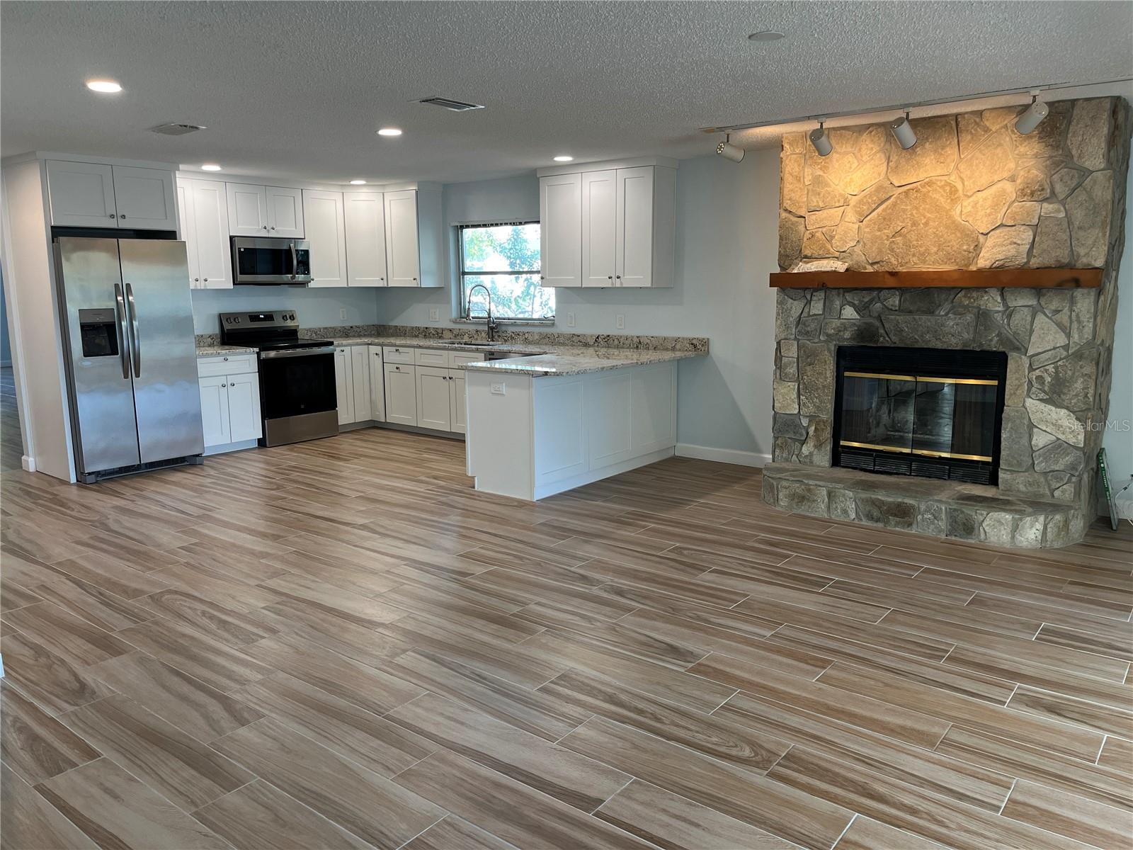 Kitchen and fireplace
