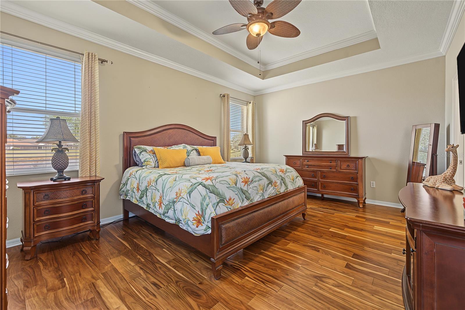 Primary bedroom with tray ceiling, wood floors and stunning views
