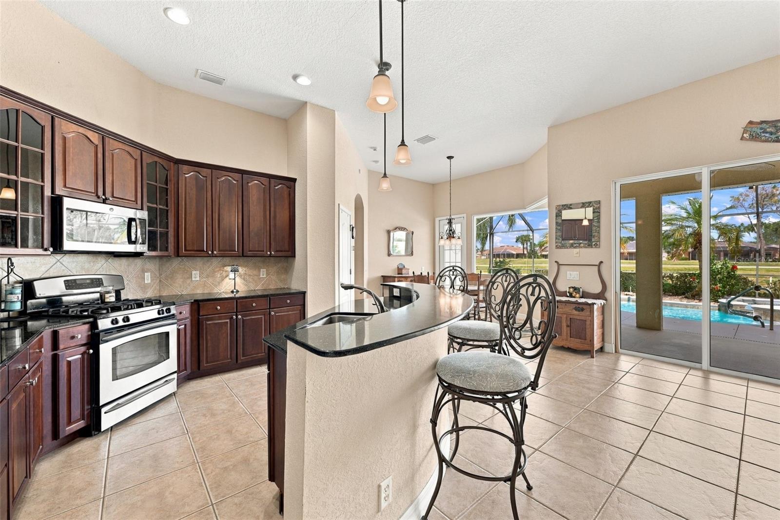 Beautiful dark cherry all wood cabinets are stunning against the softer paint tones on the walls and floors. Lots of room for multiple cooks along with plenty of cabinets and storage.  What a view to the outside!