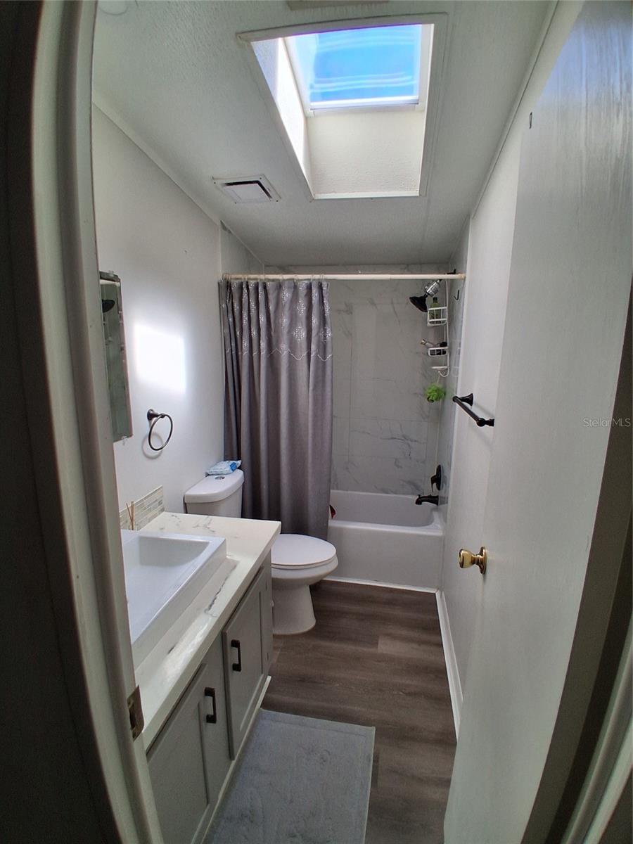 The guest bath has a newly installed skylight allowing for natural light.