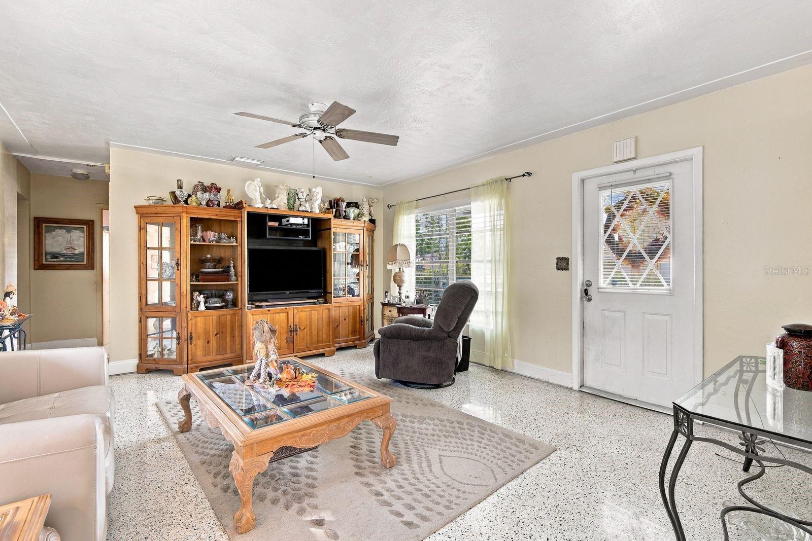 Family room wth gorgeous terrazzo flooring