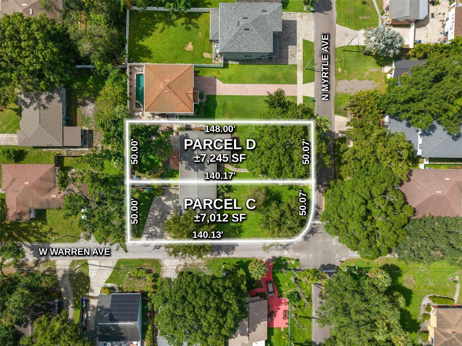 Aerial of both lots with dimensions: corner lot about 7,012 SF and interior lot about 7,245 SF