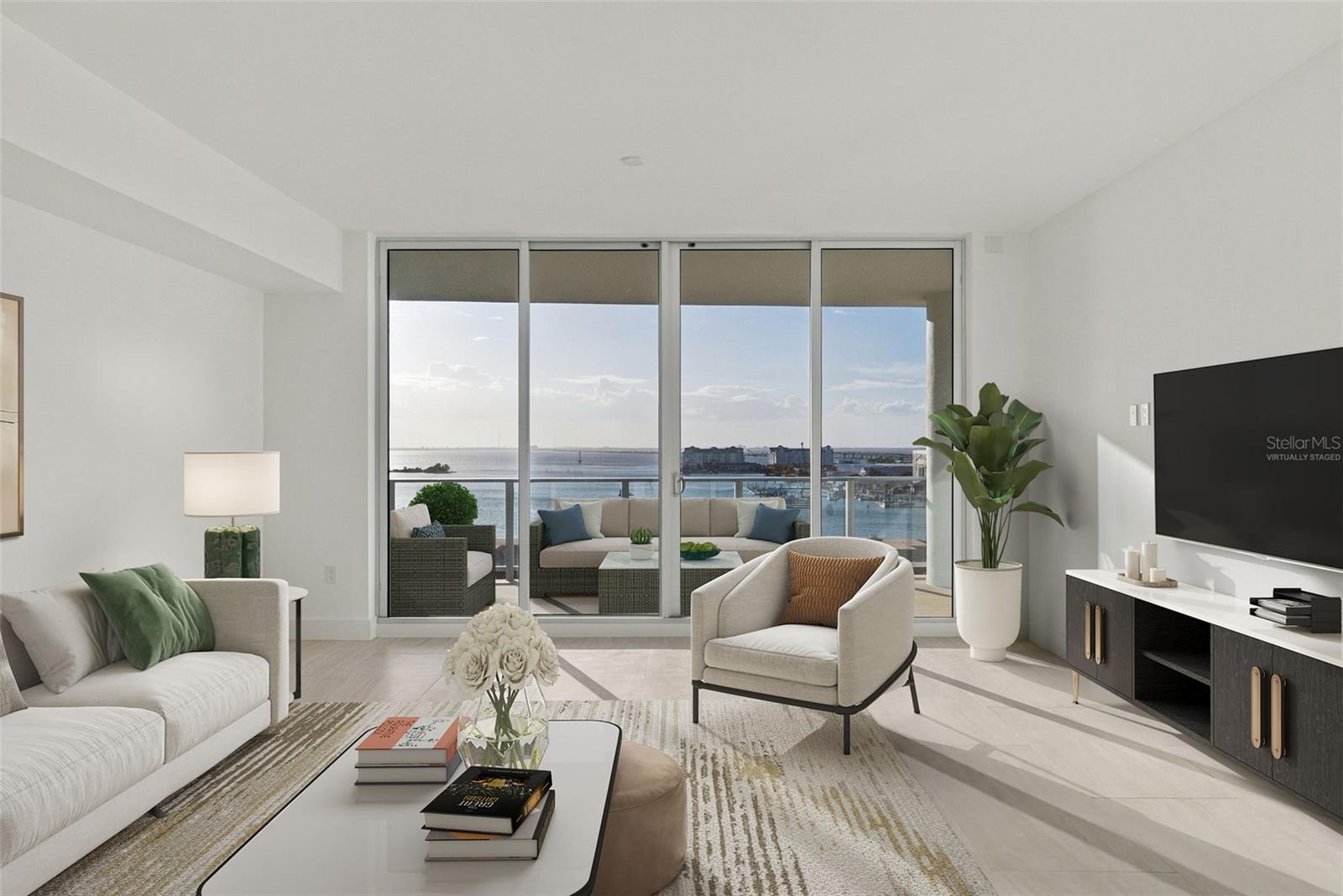 Living room direcctly facing west - virtually staged