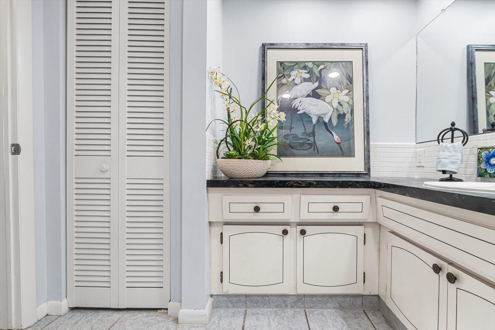 Lots of counter space and roomy linen closet completes this bathroom.