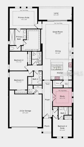 Floor Plan ~ Additional Highlights Include: Tray ceiling package, gourmet kitchen, 8' interior doors, interior door at primary closet to laundry room, pre-plumb water softener loop, sink at laundry, outdoor kitchen rough-in, pendant light package at kitchen, and whole house blinds