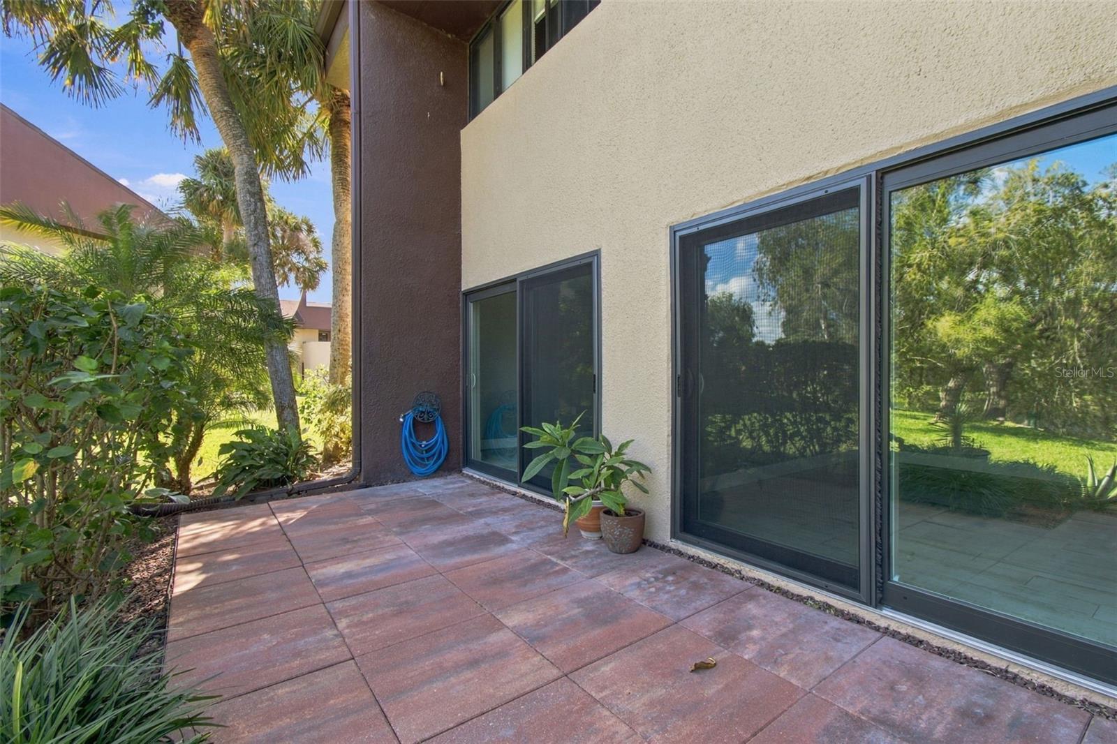 Exterior patio with lake view