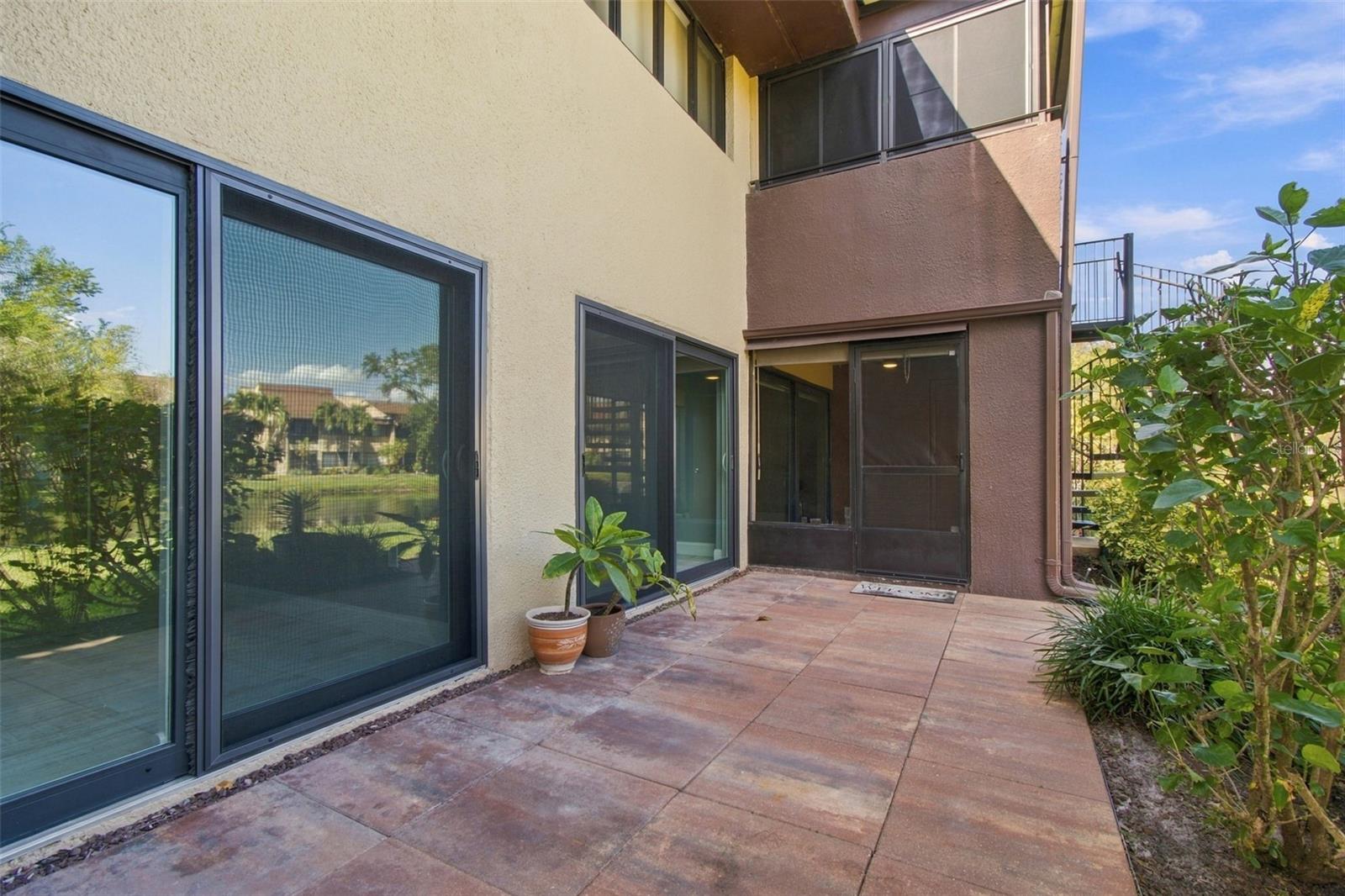 Exterior patio with lake view
