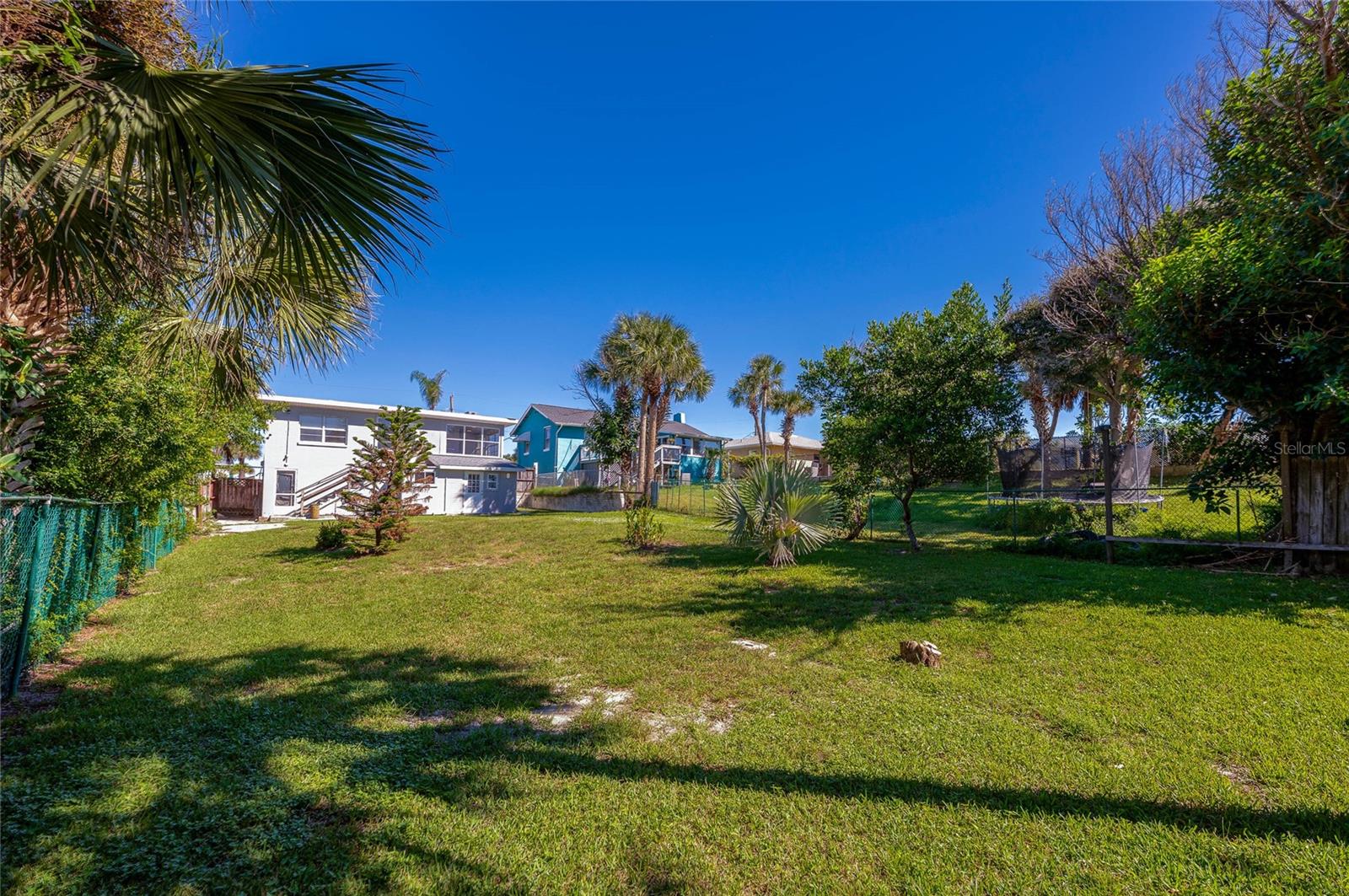 Expansive grassy backyard shaded by mature palm trees and green landscaping under a clear blue sky. The fenced perimeter offers privacy and ample room for outdoor recreation.