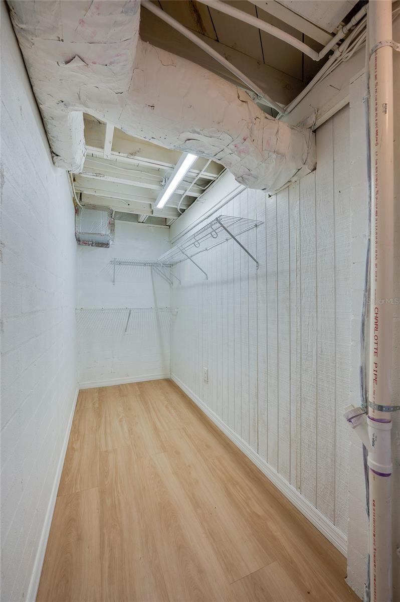 Long walk-in storage or closet space outfitted with upper wire shelving and light-colored LVP flooring. Exposed ceiling elements and overhead strip lighting maximize vertical utility.