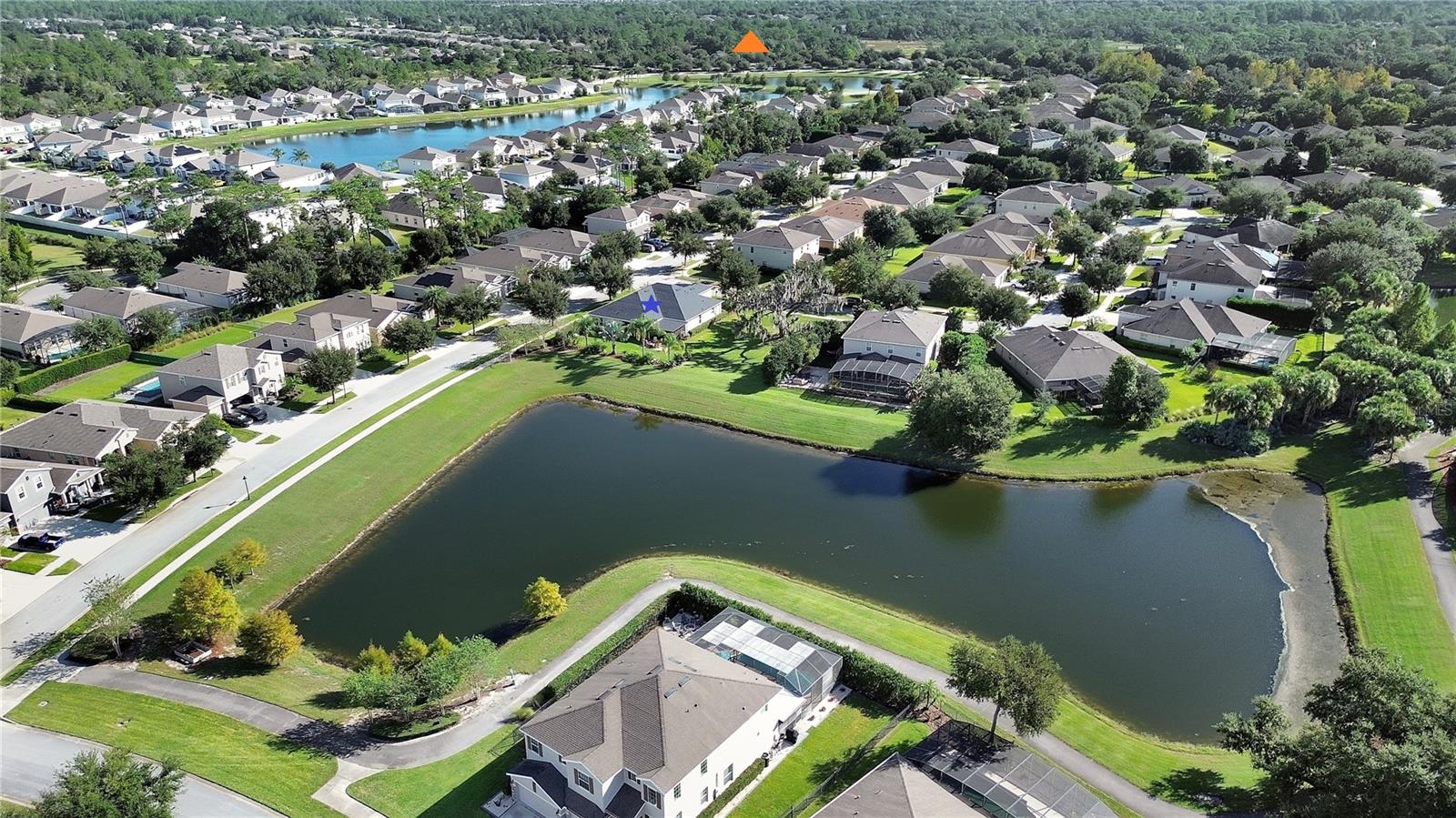 Aerial back showing Amenity location with orange triangle
