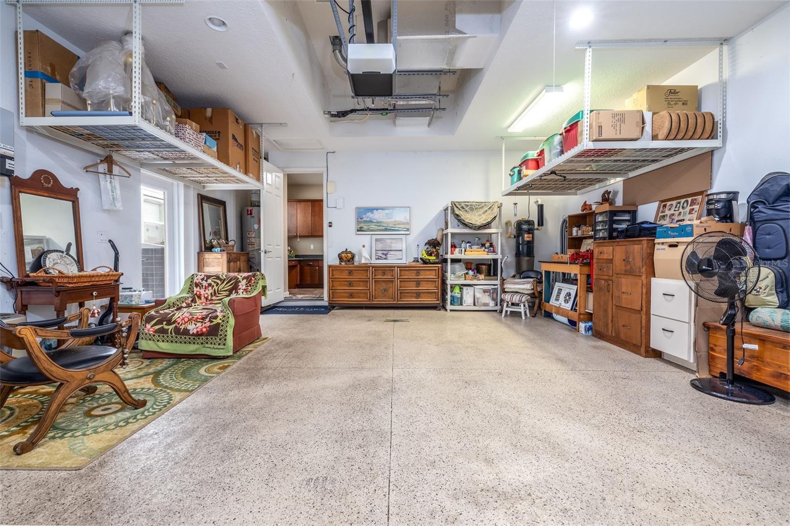 2 car garage w storage racks