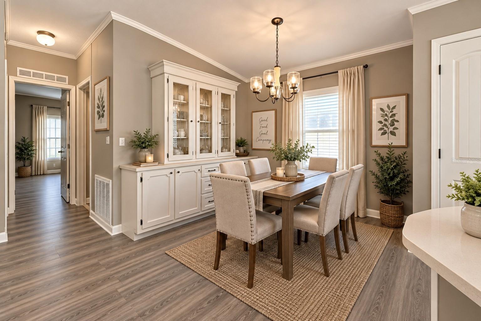 Virtual staged dining room with new flooring and paint