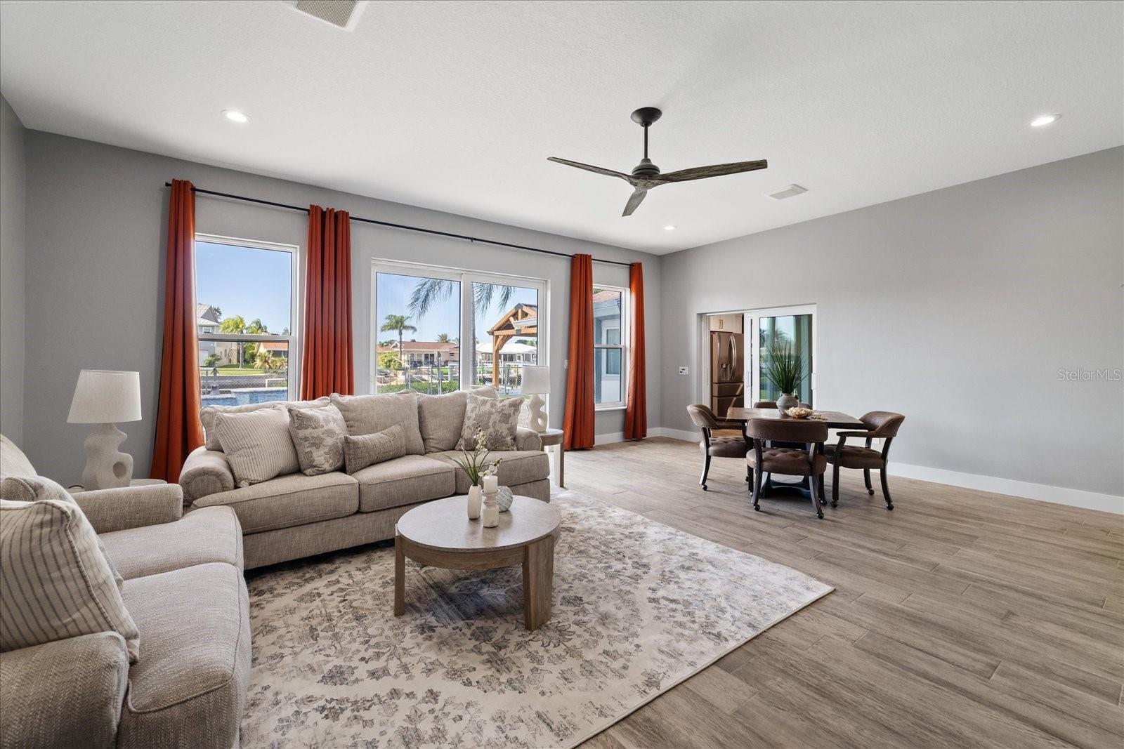 Family room with pool views