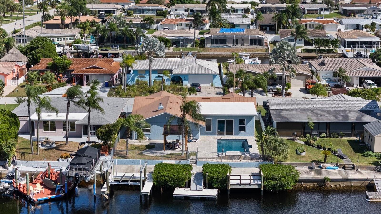 Aerial view of pool,lift, both docks
