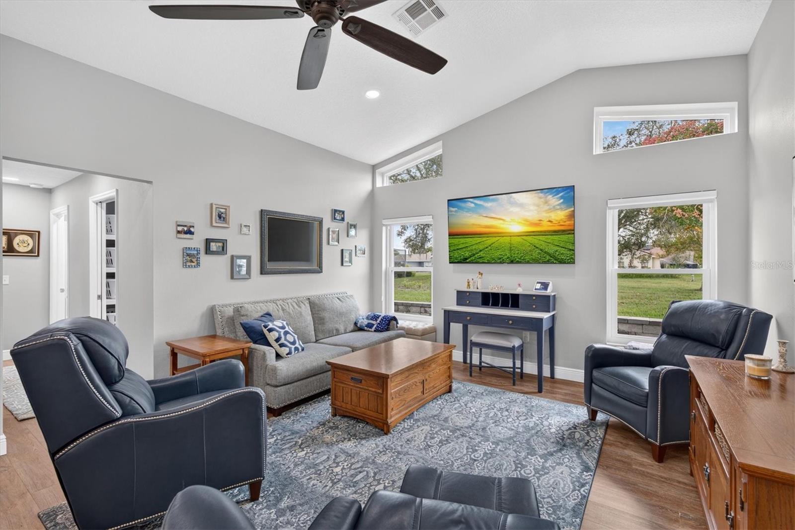 Family Room with Vaulted Ceiling & Transom Windows