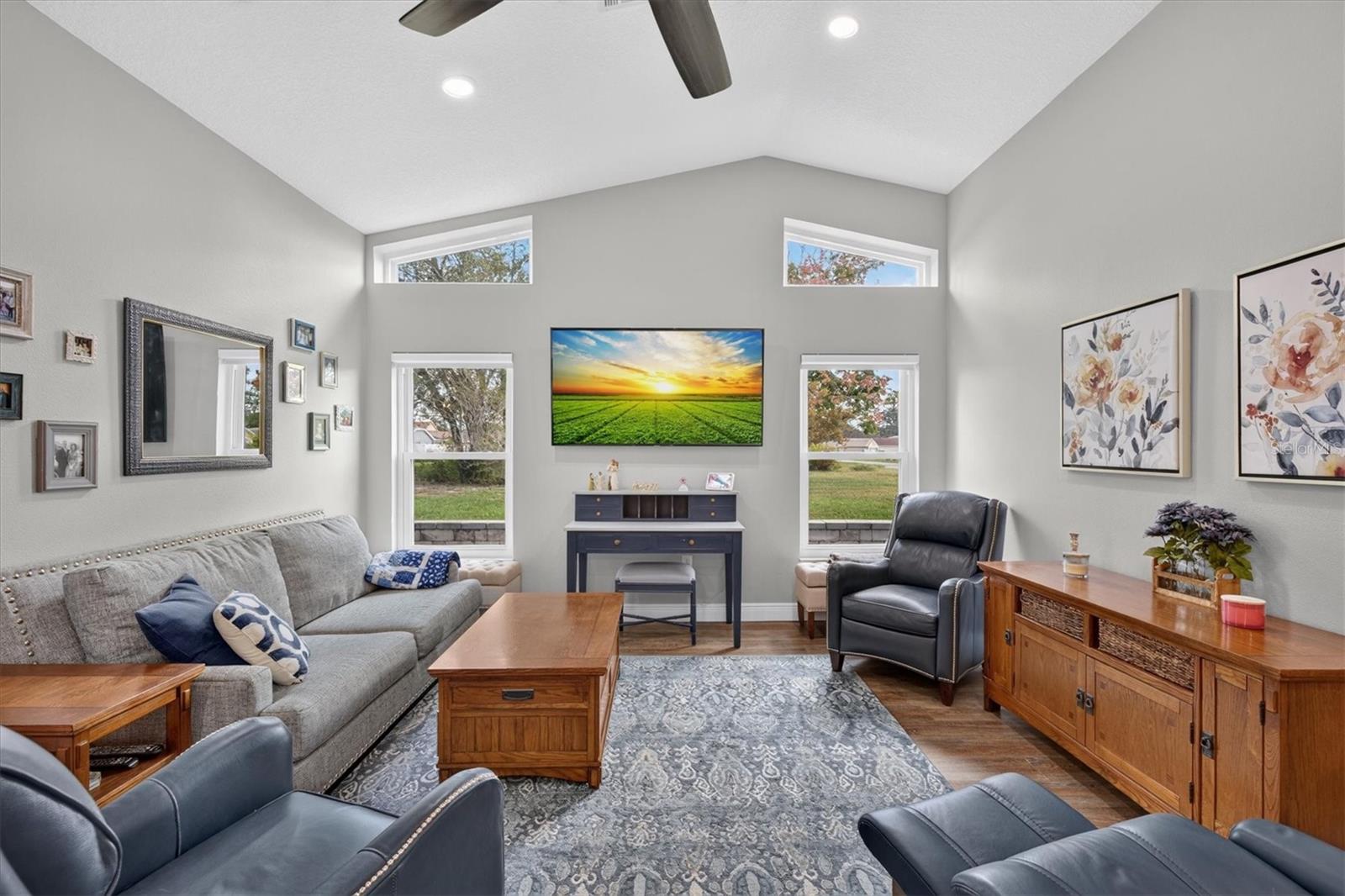 Family Room with Vaulted Ceiling & Transom Windows