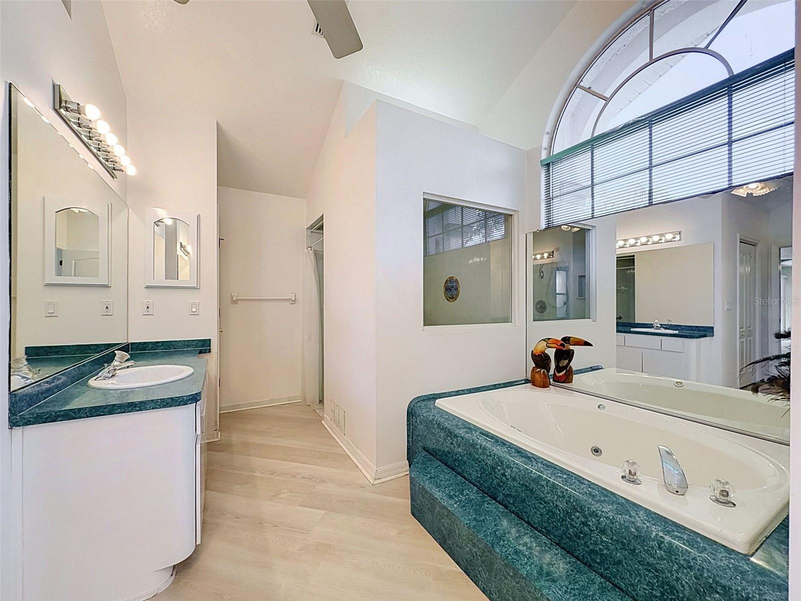 Owner's suite includes jetted tub, two WICs, linen closet, water closet, two vanities, and large shower.