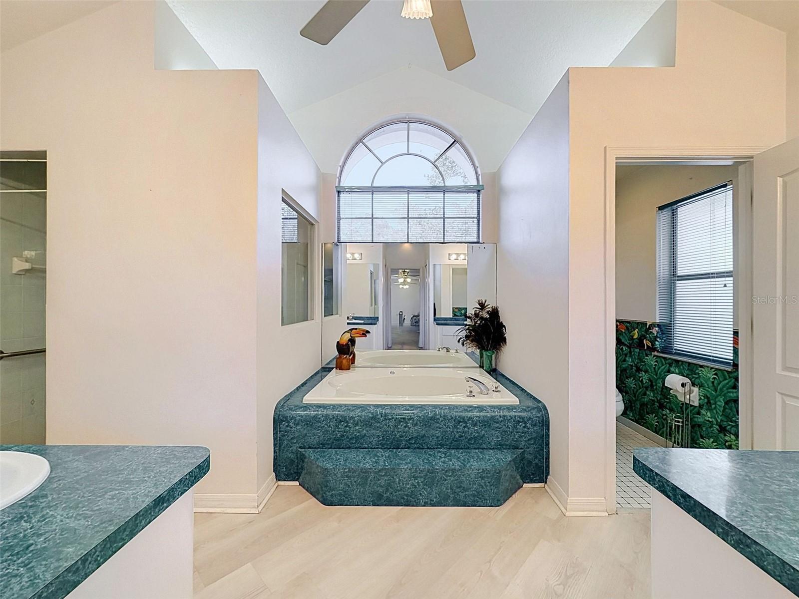 Owner's suite includes jetted tub, two WICs, linen closet, water closet, two vanities, and large shower.