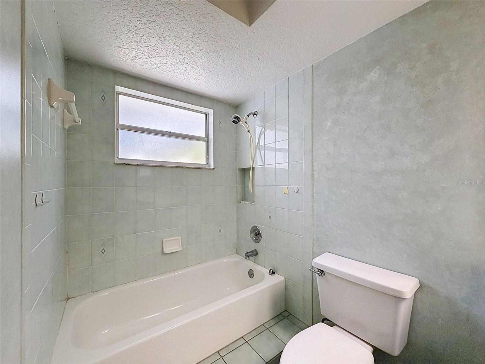 Hall bathroom is large with lots of storage.