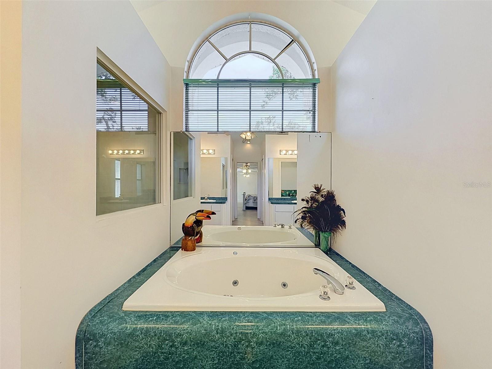 Owner's suite includes jetted tub, two WICs, linen closet, water closet, two vanities, and large shower.